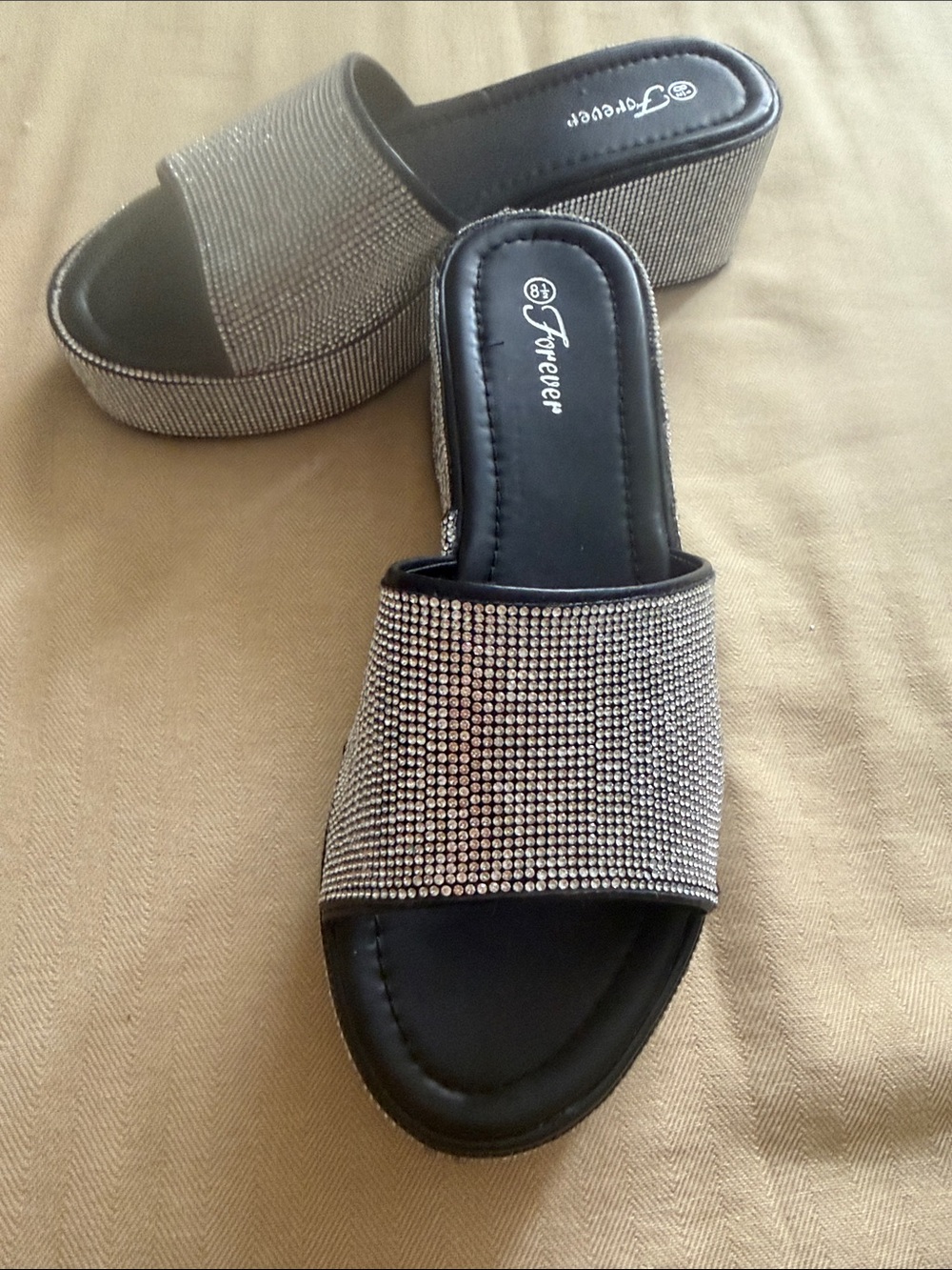 Forever New Black Rhinestone Platform Slide Mules, perfect condition. Size 8.5.